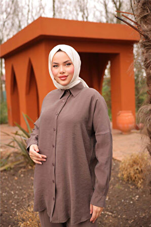 Sade İkili Tesettür Gömlek Takımı - 71263.028 - Kahverengi