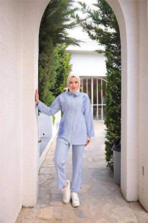 Fermuarlı Çizgi ve Çiçek Desenli İkili Tesettür Kap Spor Takımı - 71269.004 - Mavi