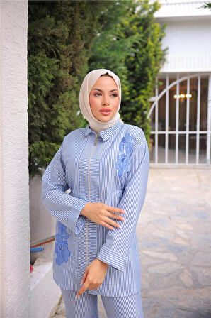 Fermuarlı Çizgi ve Çiçek Desenli İkili Tesettür Kap Spor Takımı - 71269.004 - Mavi