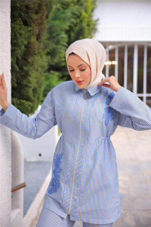 Fermuarlı Çizgi ve Çiçek Desenli İkili Tesettür Kap Spor Takımı - 71269.004 - Mavi