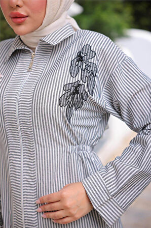 Fermuarlı Çizgi ve Çiçek Desenli İkili Tesettür Kap Spor Takımı - 71269.003 - Siyah