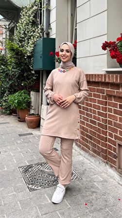 Candy Kolye Detaylı Tunik Pantolon İkili Takım - 71136.026 - Bej