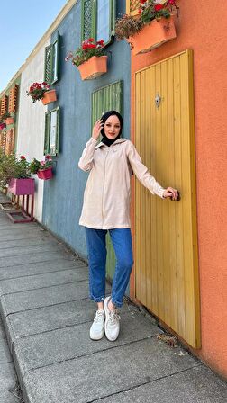 Destan Taş Detaylı Fermuarlı Sade Basic Ceket - 71139 - Bej