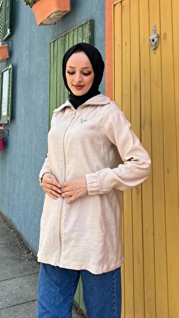 Destan Taş Detaylı Fermuarlı Sade Basic Ceket - 71139 - Bej