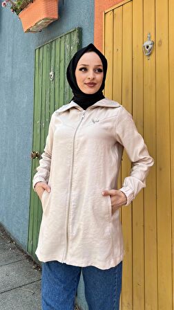Destan Taş Detaylı Fermuarlı Sade Basic Ceket - 71139 - Bej