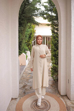 Düğmeli Yırtmaçlı Büzgü Kollu Uzun Tunik İkili Tesettür Eşofman Takımı - (38-46) - 71279 - Bej