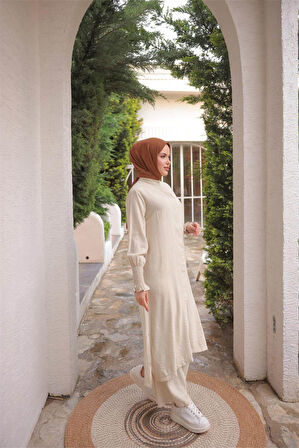 Düğmeli Yırtmaçlı Büzgü Kollu Uzun Tunik İkili Tesettür Eşofman Takımı - (38-46) - 71279 - Bej