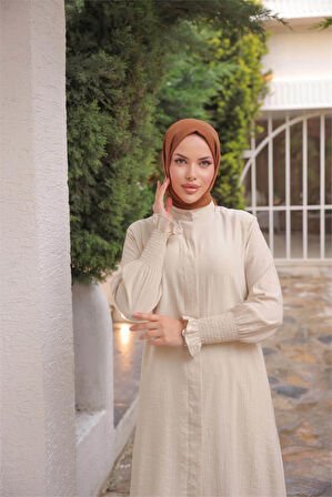 Düğmeli Yırtmaçlı Büzgü Kollu Uzun Tunik İkili Tesettür Eşofman Takımı - (38-46) - 71279 - Bej