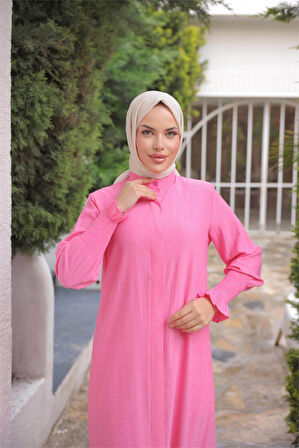 Düğmeli Yırtmaçlı Büzgü Kollu Uzun Tunik İkili Tesettür Eşofman Takımı - (38-46) - 71279 - Fuşya