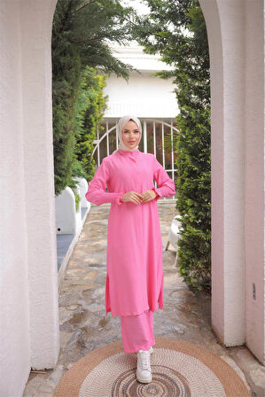 Düğmeli Yırtmaçlı Büzgü Kollu Uzun Tunik İkili Tesettür Eşofman Takımı - (38-46) - 71279 - Fuşya