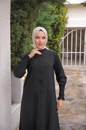 Düğmeli Yırtmaçlı Büzgü Kollu Uzun Tunik İkili Tesettür Eşofman Takımı - (38-46) - 71279 - Siyah