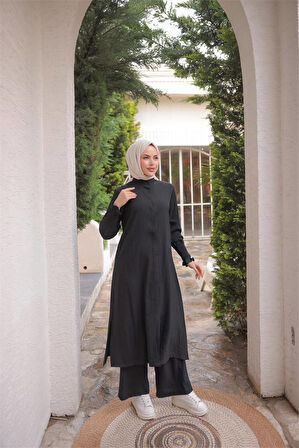 Düğmeli Yırtmaçlı Büzgü Kollu Uzun Tunik İkili Tesettür Eşofman Takımı - (38-46) - 71279 - Siyah