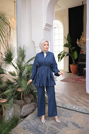 Düğmeli Belden Bağcıklı Kısa Tunik İkili Tesettür Eşofman Takımı - (38-46) - 71281 - Lacivert
