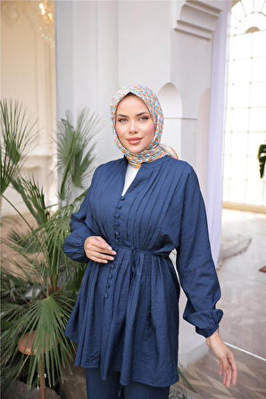 Düğmeli Belden Bağcıklı Kısa Tunik İkili Tesettür Eşofman Takımı - (38-46) - 71281 - Lacivert