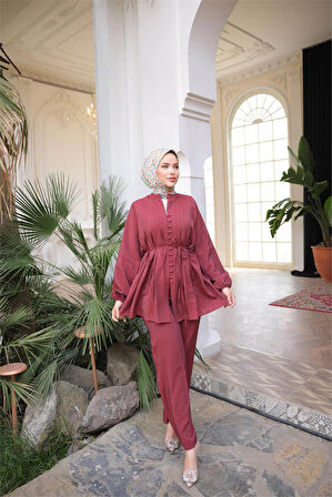 Düğmeli Belden Bağcıklı Kısa Tunik İkili Tesettür Eşofman Takımı - (38-46) - 71281 - Bordo