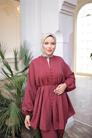 Düğmeli Belden Bağcıklı Kısa Tunik İkili Tesettür Eşofman Takımı - (38-46) - 71281 - Bordo