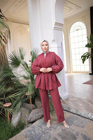 Düğmeli Belden Bağcıklı Kısa Tunik İkili Tesettür Eşofman Takımı - (38-46) - 71281 - Bordo
