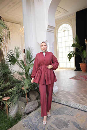 Düğmeli Belden Bağcıklı Kısa Tunik İkili Tesettür Eşofman Takımı - (38-46) - 71281 - Bordo