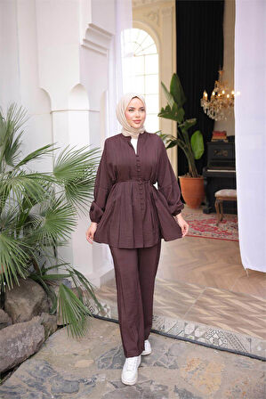 Düğmeli Belden Bağcıklı Kısa Tunik İkili Tesettür Eşofman Takımı - (38-46) - 71281 - Kahverengi