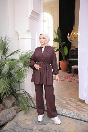 Düğmeli Belden Bağcıklı Kısa Tunik İkili Tesettür Eşofman Takımı - (38-46) - 71281 - Kahverengi