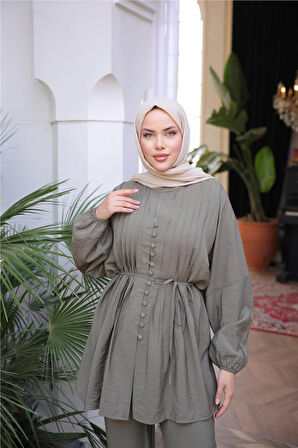 Düğmeli Belden Bağcıklı Kısa Tunik İkili Tesettür Eşofman Takımı - (38-46) - 71281 - Haki