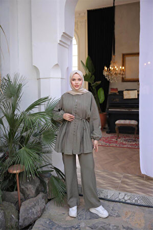 Düğmeli Belden Bağcıklı Kısa Tunik İkili Tesettür Eşofman Takımı - (38-46) - 71281 - Haki