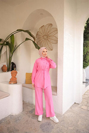 Belden Bağcıklı Tek Cepli Gömlek İkili Tesettür Eşofman Takımı - (38-46) - 71283 - Fuşya