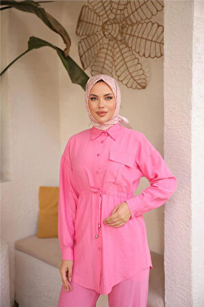 Belden Bağcıklı Tek Cepli Gömlek İkili Tesettür Eşofman Takımı - (38-46) - 71283 - Fuşya