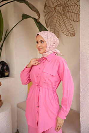 Belden Bağcıklı Tek Cepli Gömlek İkili Tesettür Eşofman Takımı - (38-46) - 71283 - Fuşya