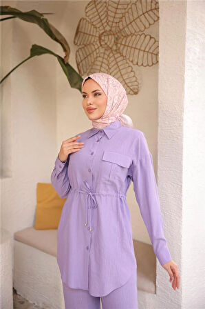 Belden Bağcıklı Tek Cepli Gömlek İkili Tesettür Eşofman Takımı - (38-46) - 71283 - Lila