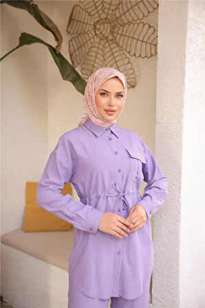 Belden Bağcıklı Tek Cepli Gömlek İkili Tesettür Eşofman Takımı - (38-46) - 71283 - Lila