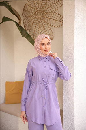 Belden Bağcıklı Tek Cepli Gömlek İkili Tesettür Eşofman Takımı - (38-46) - 71283 - Lila