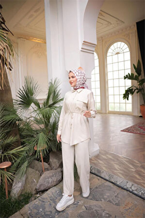 Belden Bağcıklı Tek Cepli Gömlek İkili Tesettür Eşofman Takımı - (38-46) - 71283 - Bej