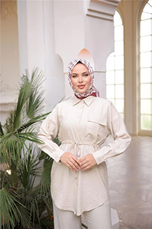 Belden Bağcıklı Tek Cepli Gömlek İkili Tesettür Eşofman Takımı - (38-46) - 71283 - Bej