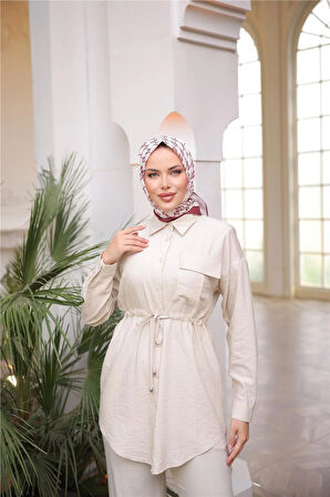 Belden Bağcıklı Tek Cepli Gömlek İkili Tesettür Eşofman Takımı - (38-46) - 71283 - Bej