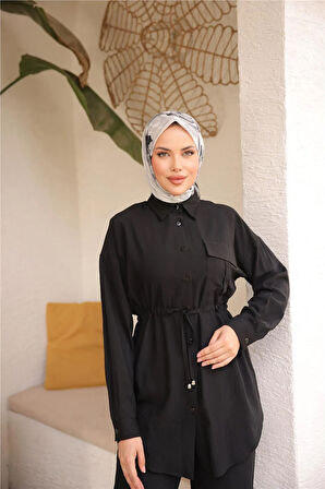 Belden Bağcıklı Tek Cepli Gömlek İkili Tesettür Eşofman Takımı - (38-46) - 71283 - Siyah