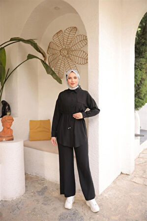 Belden Bağcıklı Tek Cepli Gömlek İkili Tesettür Eşofman Takımı - (38-46) - 71283 - Siyah