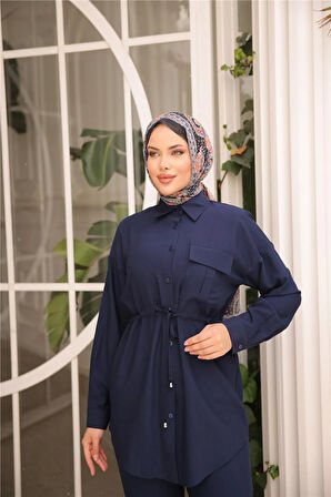 Belden Bağcıklı Tek Cepli Gömlek İkili Tesettür Eşofman Takımı - (38-46) - 71283 - Lacivert