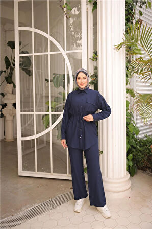 Belden Bağcıklı Tek Cepli Gömlek İkili Tesettür Eşofman Takımı - (38-46) - 71283 - Lacivert