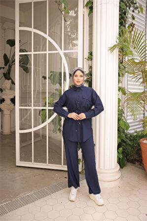 Belden Bağcıklı Tek Cepli Gömlek İkili Tesettür Eşofman Takımı - (38-46) - 71283 - Lacivert