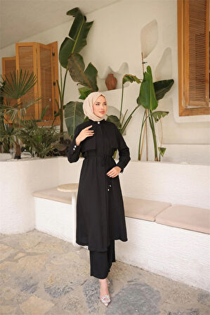 Belden Bağcıklı Kısa Yelek Detaylı Elbise  İkili Tesettür Eşofman Takımı - (38-46) - 71284 - Siyah