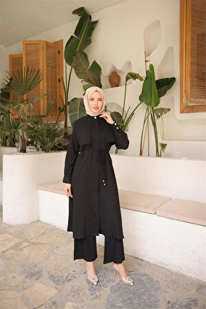 Belden Bağcıklı Kısa Yelek Detaylı Elbise  İkili Tesettür Eşofman Takımı - (38-46) - 71284 - Siyah
