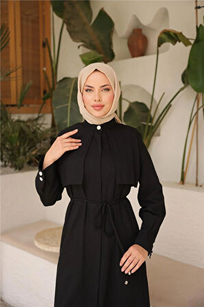 Belden Bağcıklı Kısa Yelek Detaylı Elbise  İkili Tesettür Eşofman Takımı - (38-46) - 71284 - Siyah