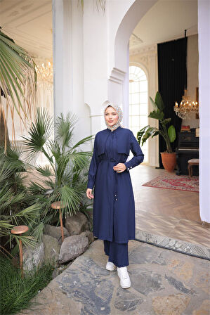 Belden Bağcıklı Kısa Yelek Detaylı Elbise  İkili Tesettür Eşofman Takımı - (38-46) - 71284 - Lacivert