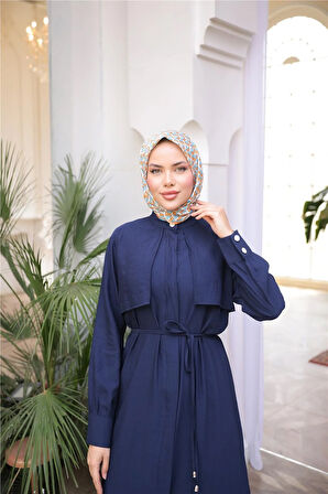 Belden Bağcıklı Kısa Yelek Detaylı Elbise  İkili Tesettür Eşofman Takımı - (38-46) - 71284 - Lacivert