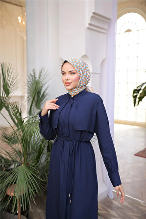 Belden Bağcıklı Kısa Yelek Detaylı Elbise  İkili Tesettür Eşofman Takımı - (38-46) - 71284 - Lacivert