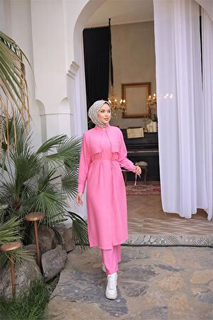 Belden Bağcıklı Kısa Yelek Detaylı Elbise  İkili Tesettür Eşofman Takımı - (38-46) - 71284 - Fuşya