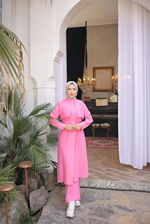 Belden Bağcıklı Kısa Yelek Detaylı Elbise  İkili Tesettür Eşofman Takımı - (38-46) - 71284 - Fuşya