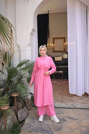 Belden Bağcıklı Kısa Yelek Detaylı Elbise  İkili Tesettür Eşofman Takımı - (38-46) - 71284 - Fuşya