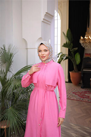 Belden Bağcıklı Kısa Yelek Detaylı Elbise  İkili Tesettür Eşofman Takımı - (38-46) - 71284 - Fuşya